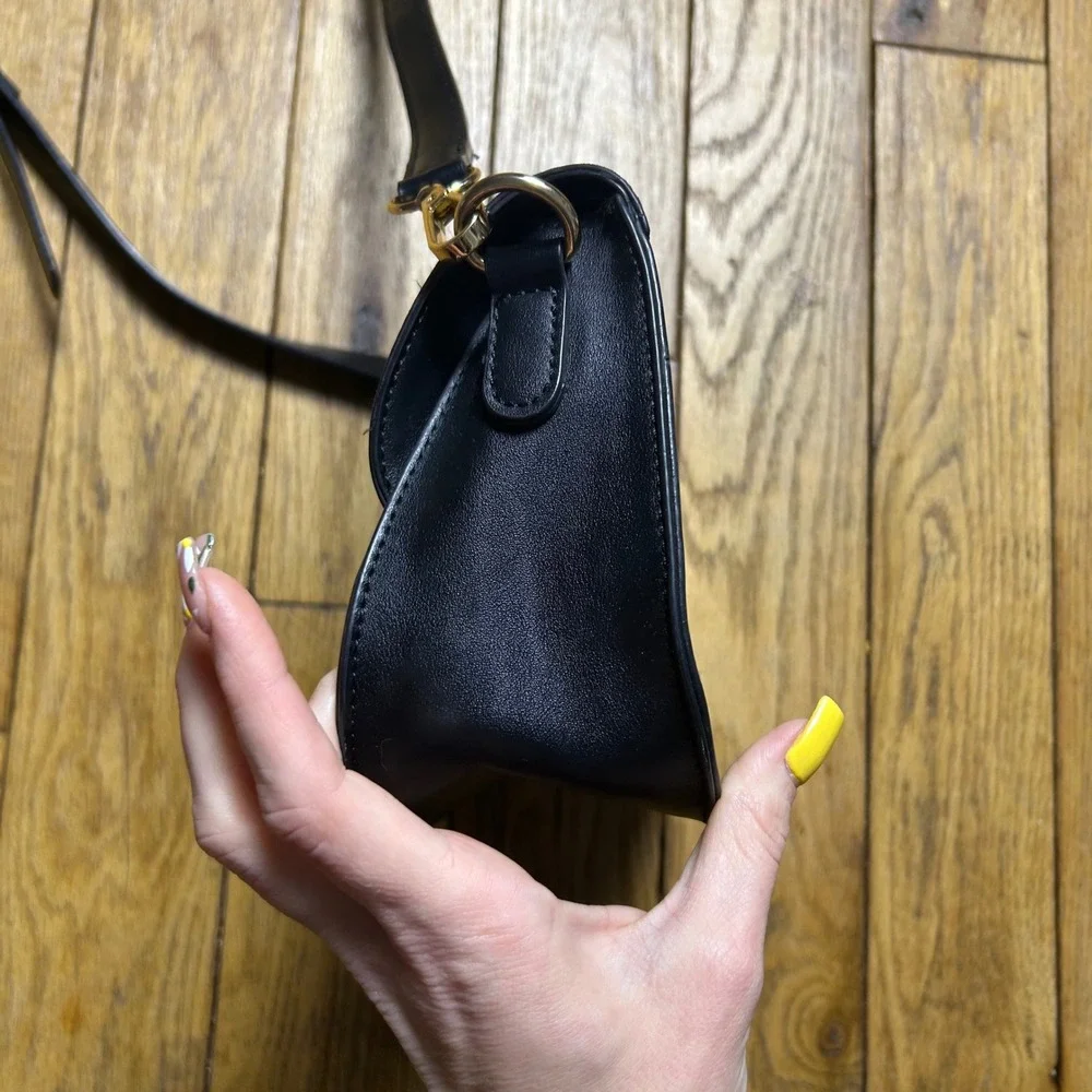 Black Faux Leather and Suede Crossbody Saddle Bag‎ with Gold Hardware